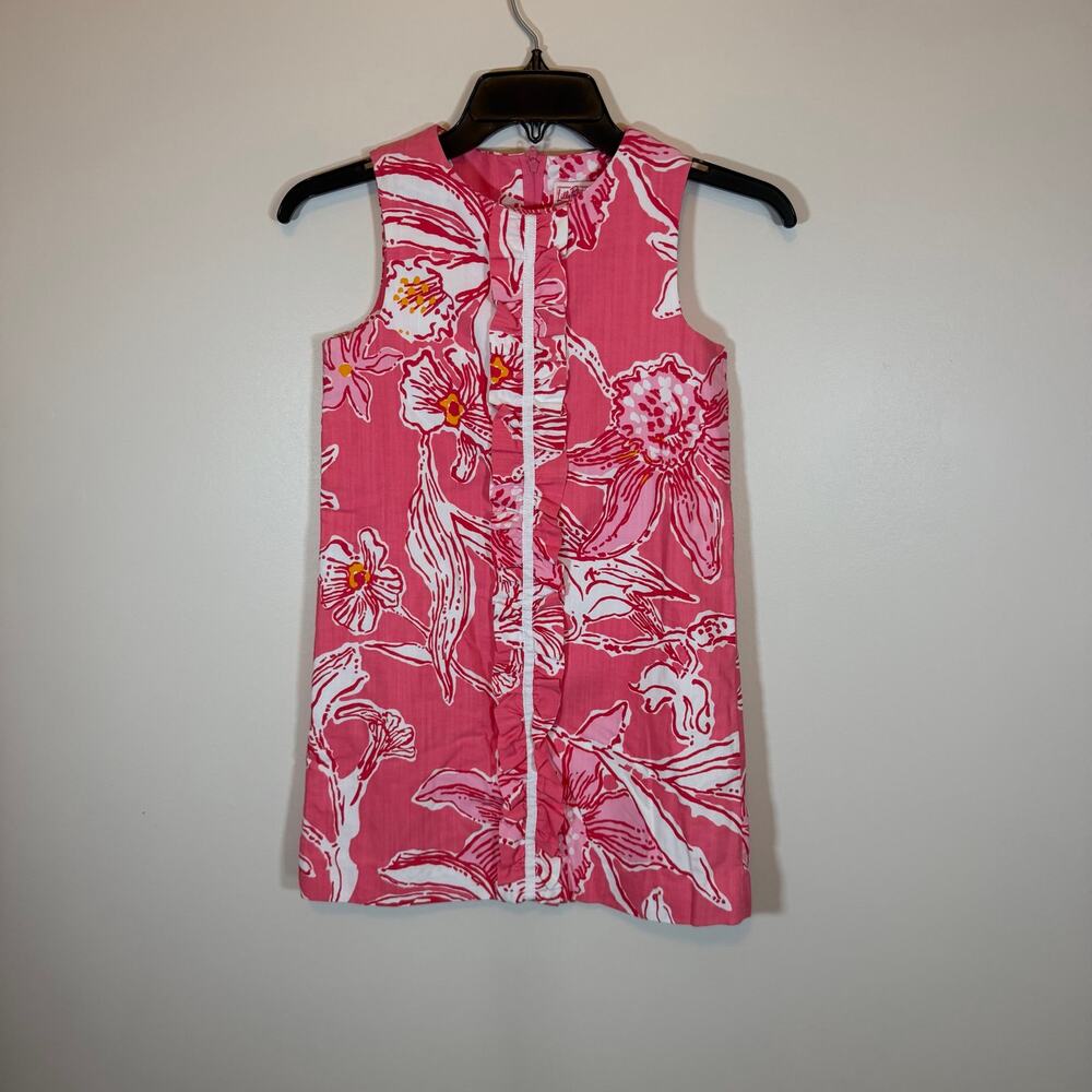 Lilly Pulitzer Pink White Floral Sleeveless Shift Dress Girls 10 Ruffled Front